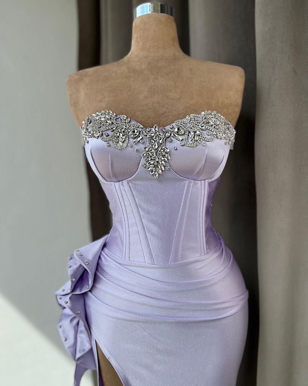 Light Purple Prom Dress With Rhinestone High Slit Sleeveless Gown