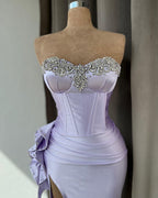 Light Purple Prom Dress With Rhinestone High Slit Sleeveless Gown