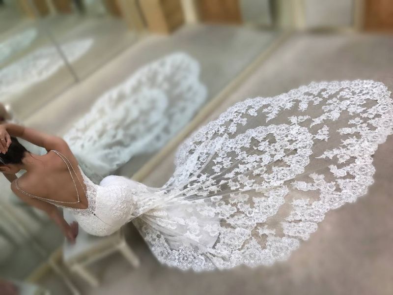 Spaghetti Straps Mermaid Backless V Neck Long Lace Wedding Dress