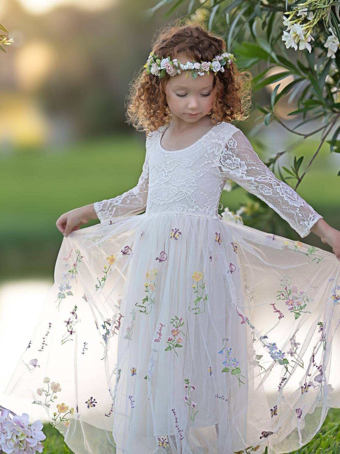 Floral Tulle Lace A Line Flower Girl Dress With Scoop Neck For Little Girls