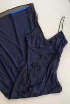 Splendido Abito da Sera con Spalline Blu Navy, Scollo a V, in Chiffon con Perline, Abito da Festa Y7563