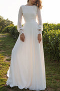 Tulle Bateau Long Sleeves Boho Wedding Dress Open Back A Line