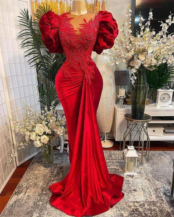 Vestidos de Festa Vermelhos de Cauda de Sereia Luxuosos com Renda, Contas e Decote Transparente, Vestido de Noite Formal para Festas Y02