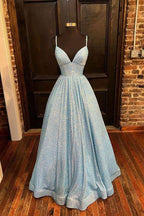 Elegante abito lungo da sera con scollo a V e paillettes, abito da cerimonia a linea ad A Y04