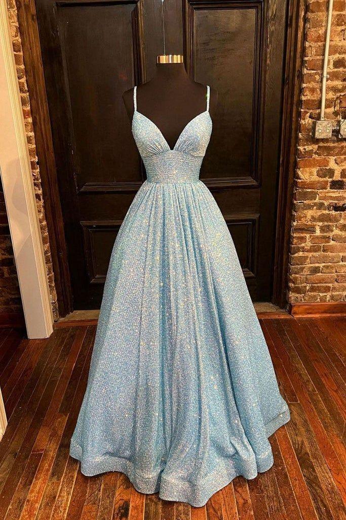 Elegante abito lungo da sera con scollo a V e paillettes, abito da cerimonia a linea ad A Y04