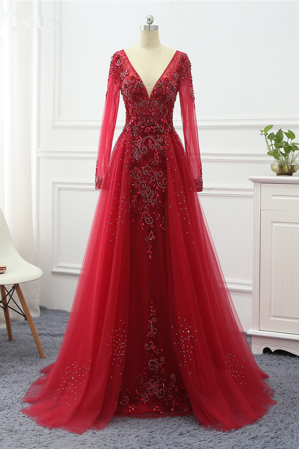 Elegant V Neck Long Sleeves Prom Dress With Overskirt Beading And Appliques