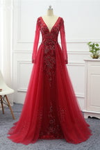 Elegant V Neck Long Sleeves Prom Dress With Overskirt Beading And Appliques