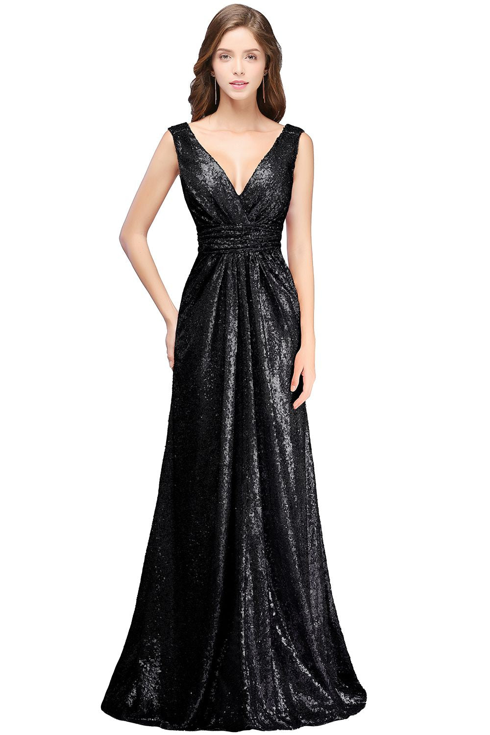 BMbridal Elegant A Line Open Back Sequined Sleeveless V Neck Evening Dress