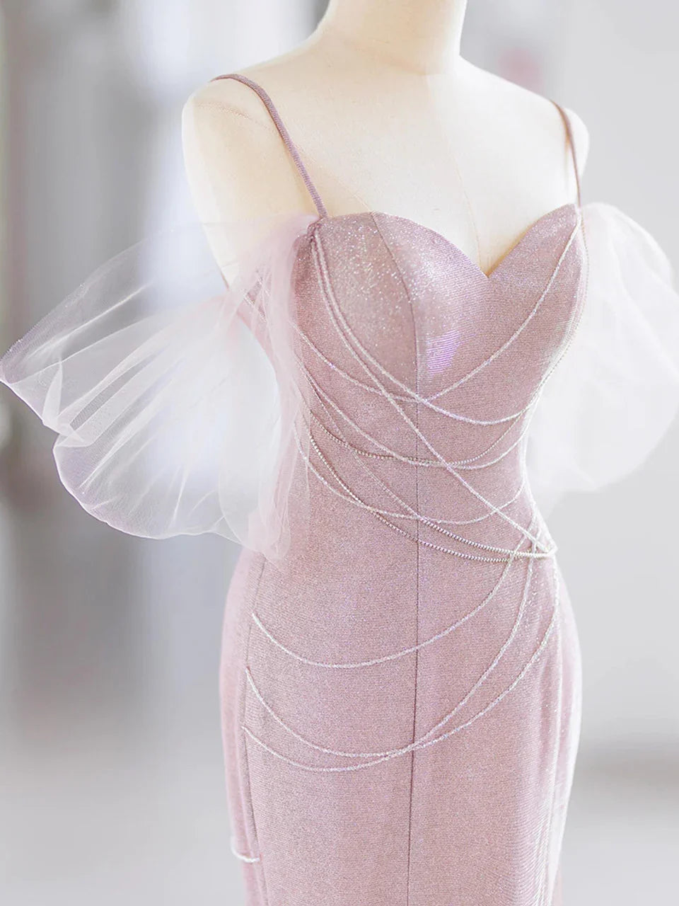 Abito da sera elegante rosa con perline, spalline sottili stile sirena, modello Y7615