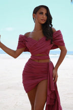 Unique Rose Off The Shoulder Short Prom Dress with Pleats