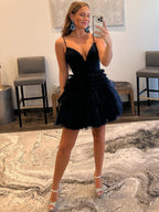 A-Line Deep V Neck Tiered Short Homecoming Dress