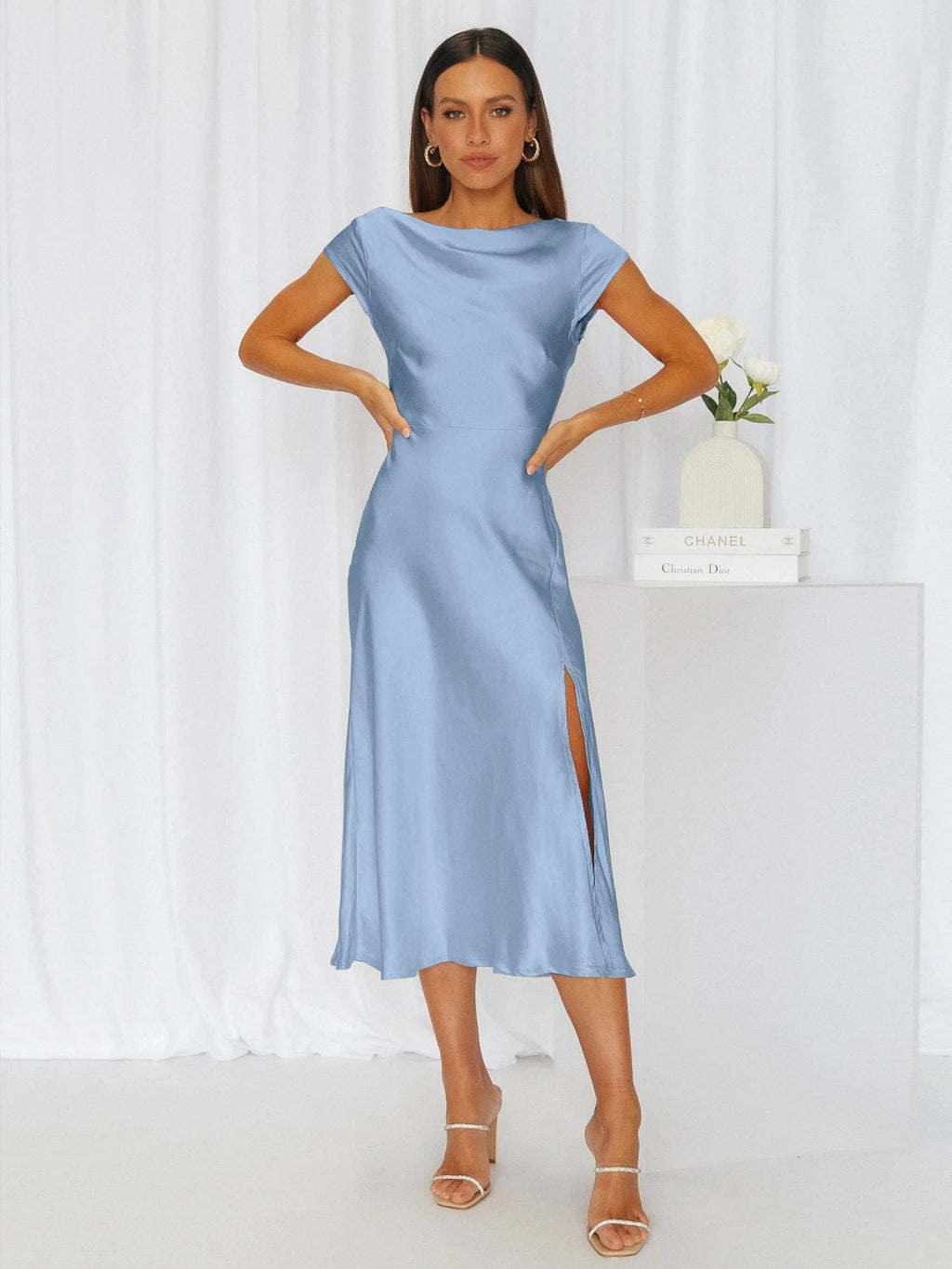 Summer Women High Fork Elegant Dress Sexy Slimming Backless Pure Satin Evening Dress