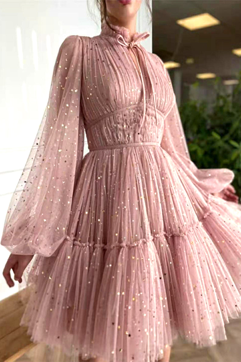 Abito da Sera Elegante e Dolce con Collo alla Coreana in Tulle Trapuntato Solido