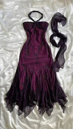 Vestido de fiesta largo de noche estilo sirena vintage con tirantes morados y cuentas de gasa Y7503