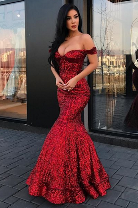 Abito lungo color bordeaux a sirena con paillettes e scollo a barca per ballo formale