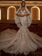 Sexy Herzausschnitt Hochzeitskleid 2025 Elegantes Meerjungfrauen-Brautkleid Reizvolles Spitzenkleid Ärmellos Bodenlang Maßgeschneidert
