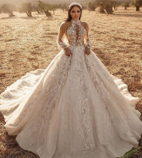 A Line High Neck Long Sleeve Train Wedding Dress With Appliques Lace Tulle