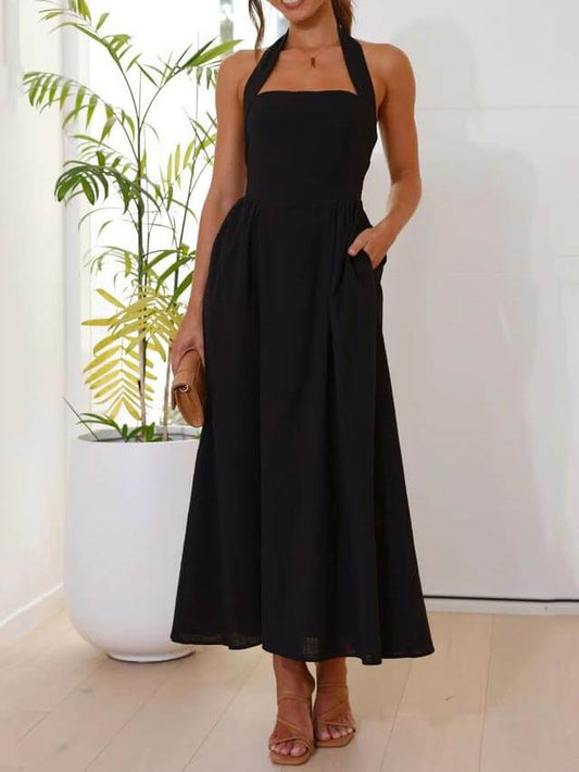Neckholder-Taille, kleines schwarzes Kleid, mittellanges Kleid 