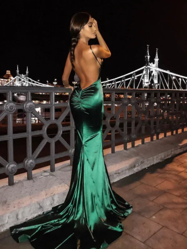 Abito lungo da sera verde scuro sirena, abito da sera scollato sulla schiena Y626
