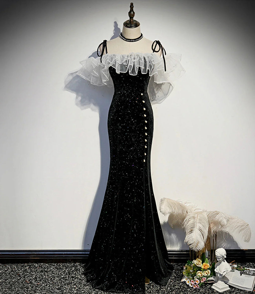 Vestido longo de veludo preto para baile, vestido de noite sereia s57