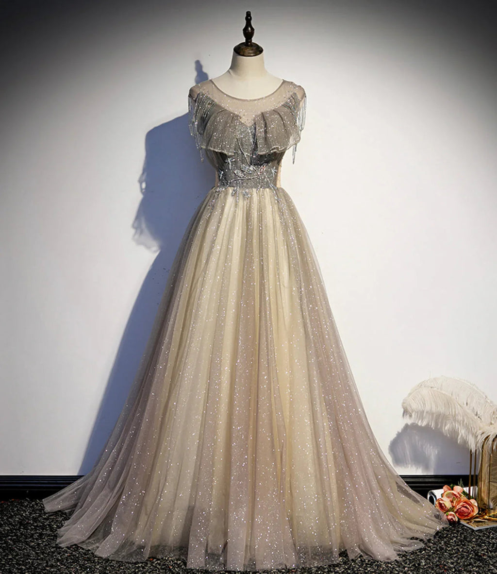 Elegante abito lungo da sera in tulle, modello a linea s108