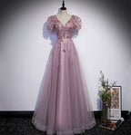 Abito lungo da sera rosa in tulle con paillettes, abito da ballo rosa s61