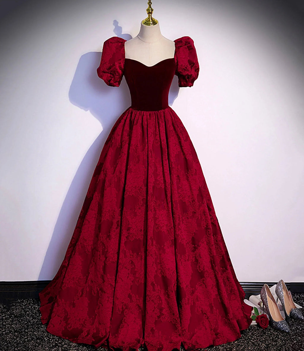 Abito lungo da sera in jacquard di velluto bordeaux per ballo s89