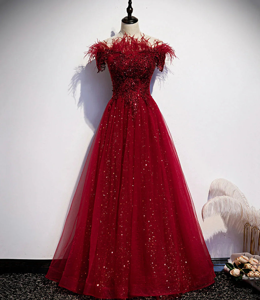 Abito lungo da sera a linea A in tulle bordeaux con paillettes s69