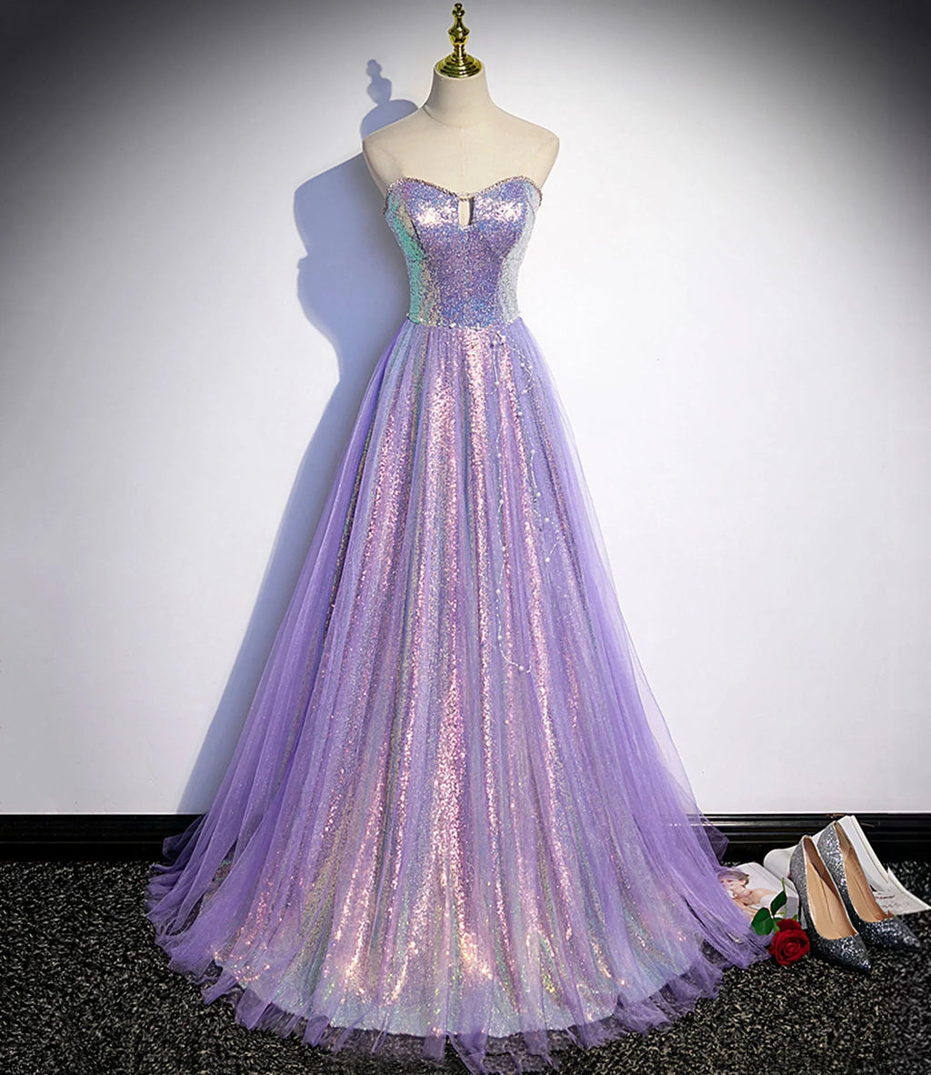 Vestido de noite longo para baile de finalistas em tule roxo com lantejoulas s84