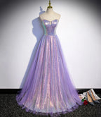 Vestido de noite longo para baile de finalistas em tule roxo com lantejoulas s84