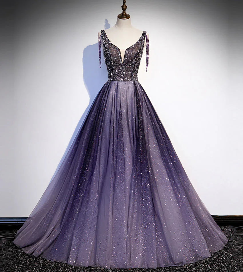 Vestido longo roxo de tule com decote em V e contas para baile de finalistas vestido de noite s104
