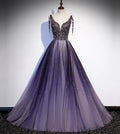 Vestido longo roxo de tule com decote em V e contas para baile de finalistas vestido de noite s104