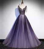 Vestido longo roxo de tule com decote em V e contas para baile de finalistas vestido de noite s104