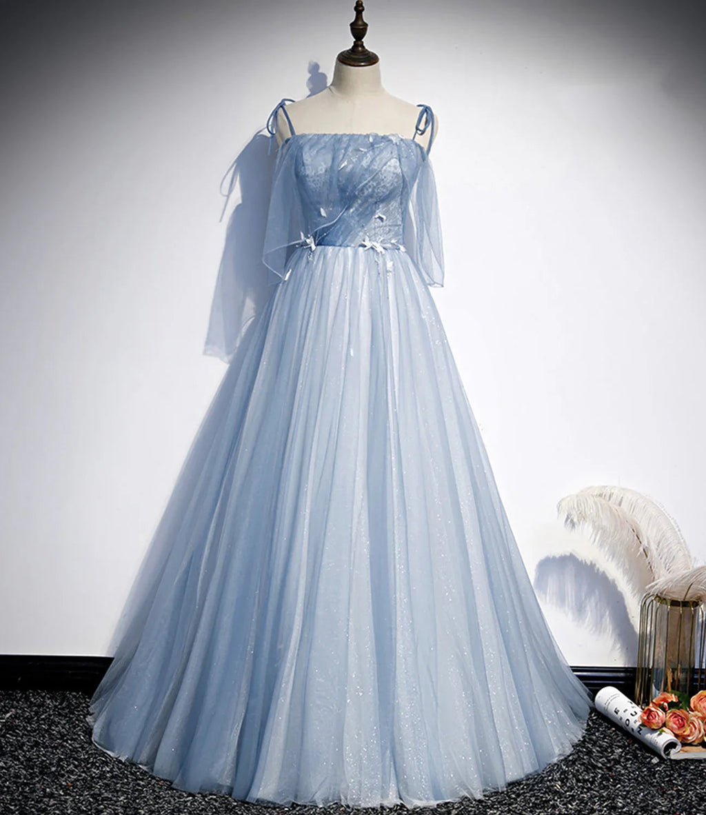 Abito lungo da sera a linea A in tulle blu s72