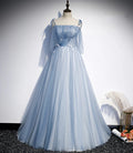 Abito lungo da sera a linea A in tulle blu s72