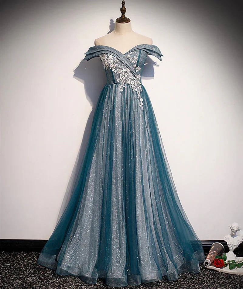 Abito lungo da sera in pizzo di tulle blu con spalle scoperte s105