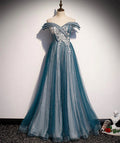Abito lungo da sera in pizzo di tulle blu con spalle scoperte s105