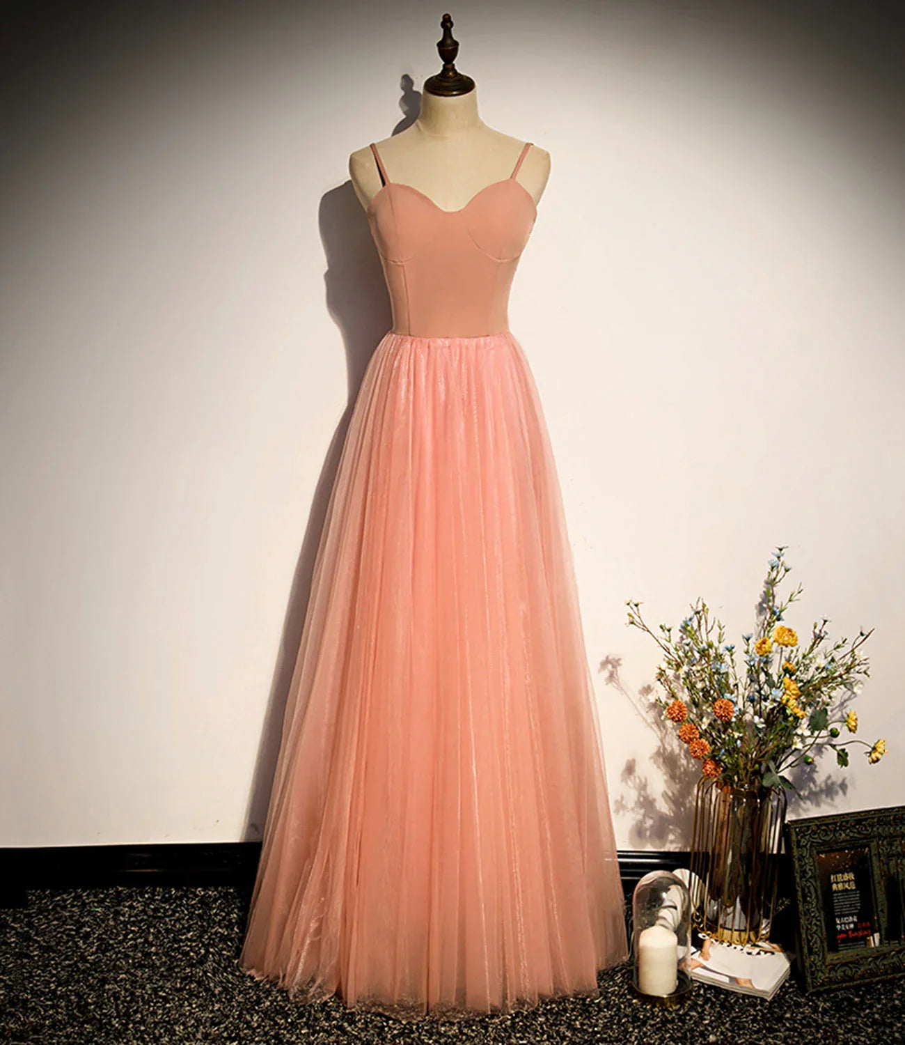 Abito lungo da sera in tulle rosa a linea ad A s92