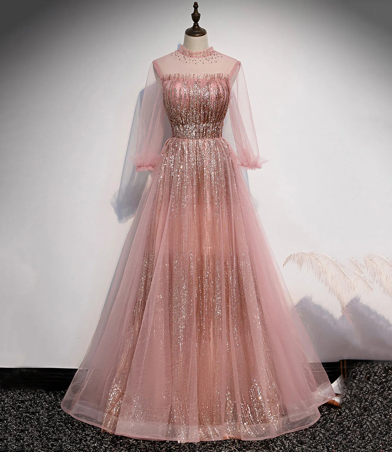 Abito lungo da sera rosa in tulle con paillettes, abito da ballo rosa s109