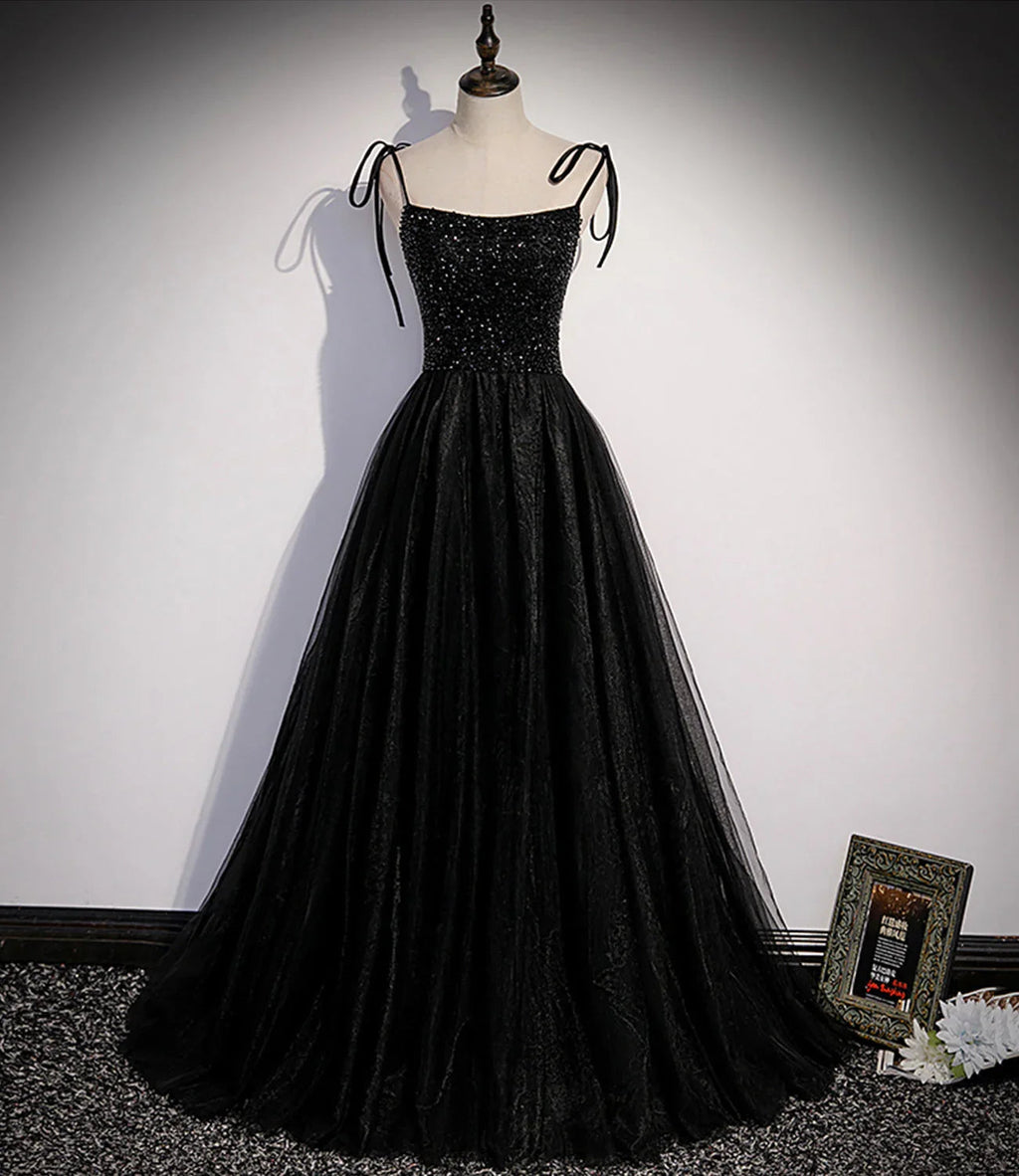 Vestido longo de baile em tule preto com contas Vestido de noite em linha A s58