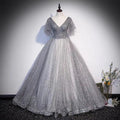 Abito lungo da sera a linea A in tulle grigio con paillettes s65