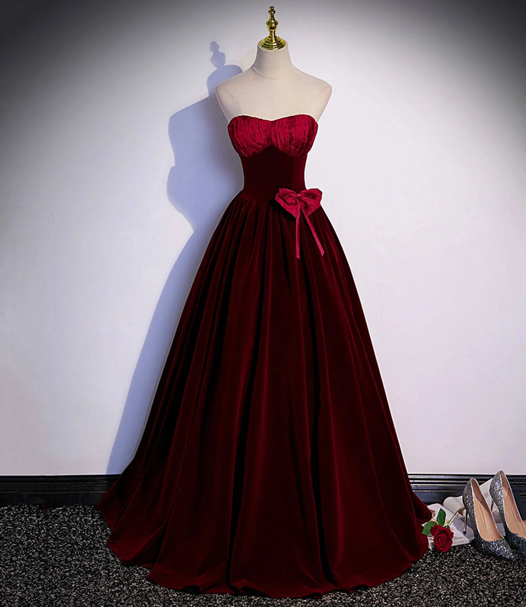 Vestido longo de veludo bordô para baile vestido de noite em linha A s86
