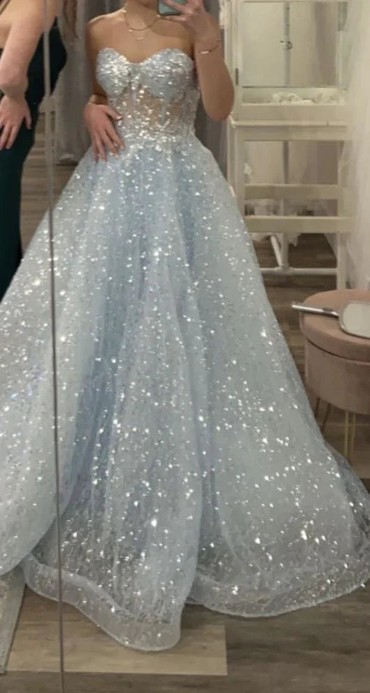Abito lungo da sera in tulle con paillettes blu glitter, scollo a cuore dolce, abito da ballo svasato sexy Y1391