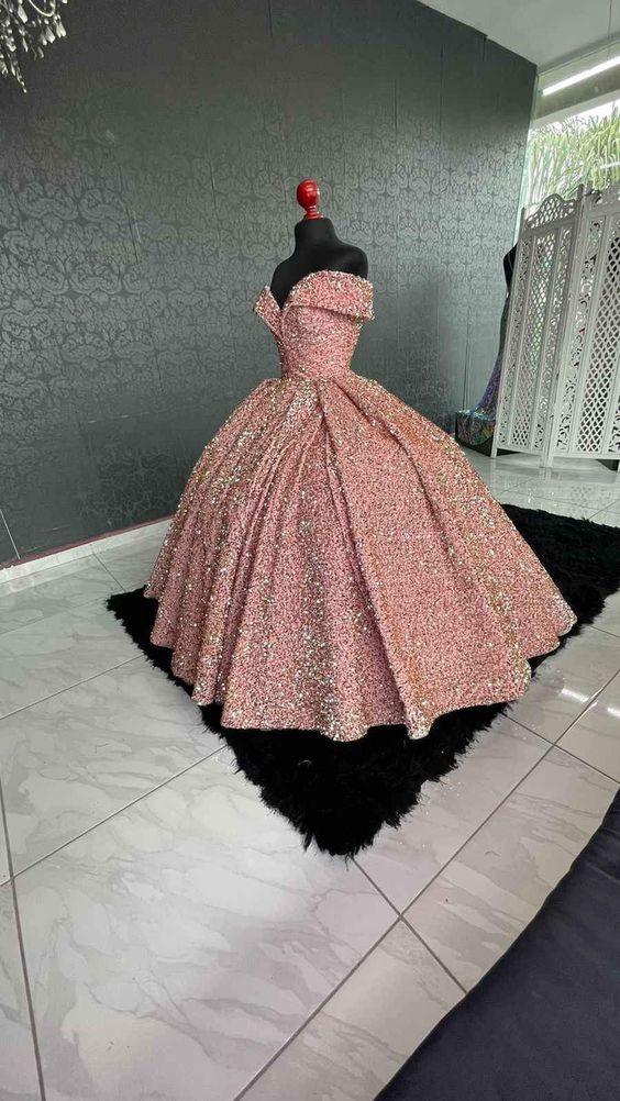 Funkelndes schulterfreies Paillettenballkleid zum 16. Geburtstag Y1393