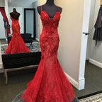 Abito da sera rosso con applicazioni di pizzo fatte a mano, abito formale rosso a sirena/tromba con scollo a V Y1402