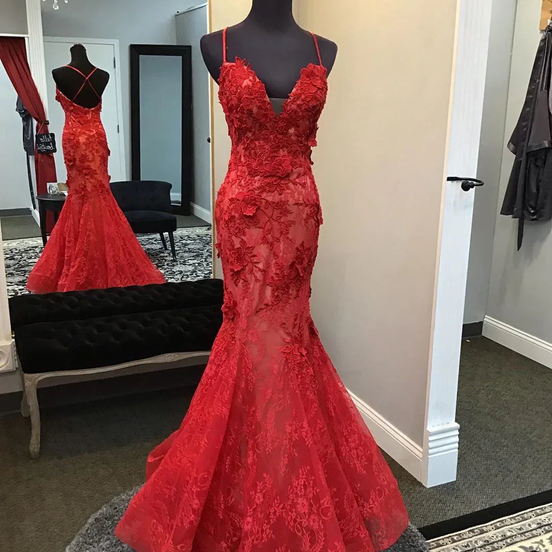 Abito da sera rosso con applicazioni di pizzo fatte a mano, abito formale rosso a sirena/tromba con scollo a V Y1402