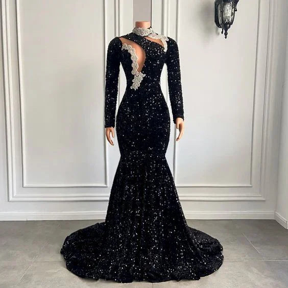 abiti da sera neri per ballo di fine anno, abiti da sera a manica lunga nuova collezione, abiti da sera a sirena, abito da ballo con paillettes Y1423