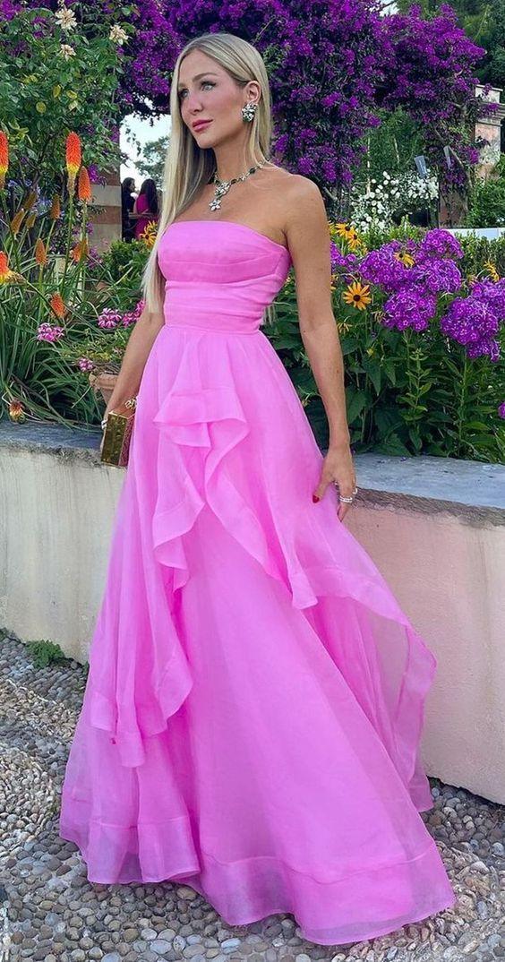 Abito da sera lungo elegante rosa acceso per ballo di fine anno Y1238