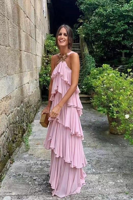 Elegante abito da sera in chiffon con collo all'americana, a strati e schiena scoperta Y1232