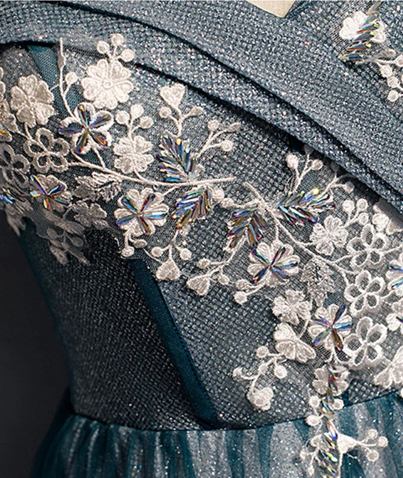 Abito lungo da sera in pizzo di tulle blu con spalle scoperte s105
